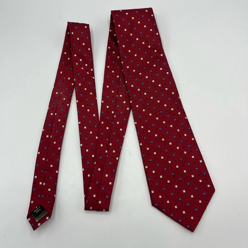 Calvin Klein 100% Silk Necktie Red White Blue Geometric Blocks Power Tie